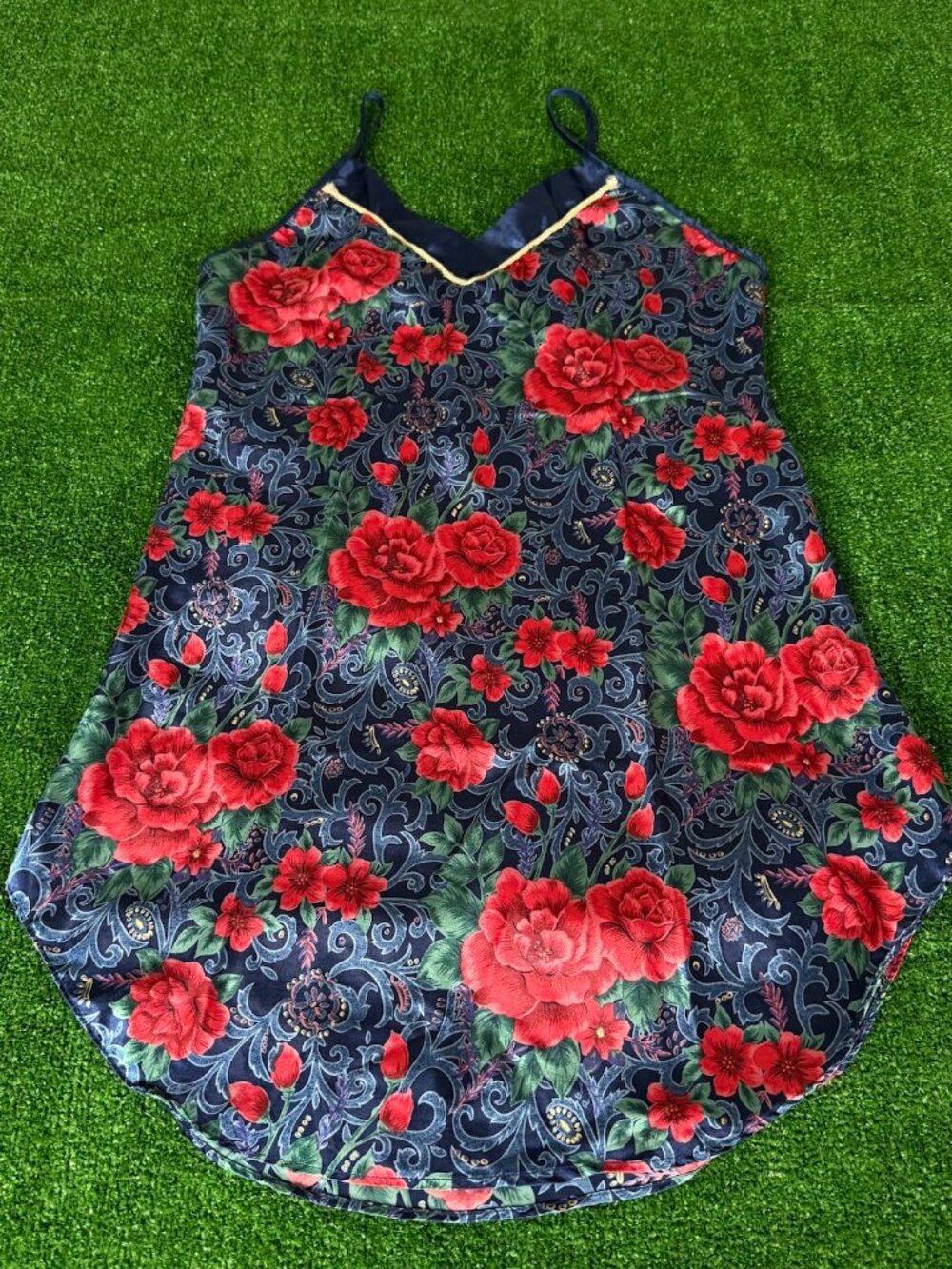 Vintage 90s Kathryn Navy Blue Jacquard Satin Slip Nightgown Dress Red Rose M
